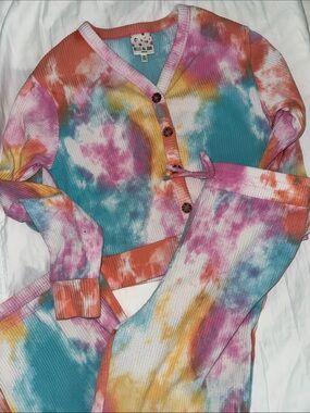 Tie-Dye Ribbed Button-Up Top and Pants Set - Multicolor
